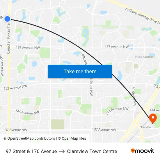 97 Street & 176 Avenue to Clareview Town Centre map