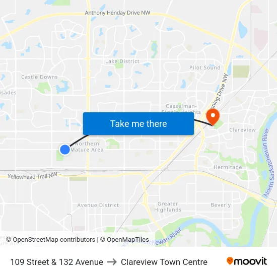 109 Street & 132 Avenue to Clareview Town Centre map