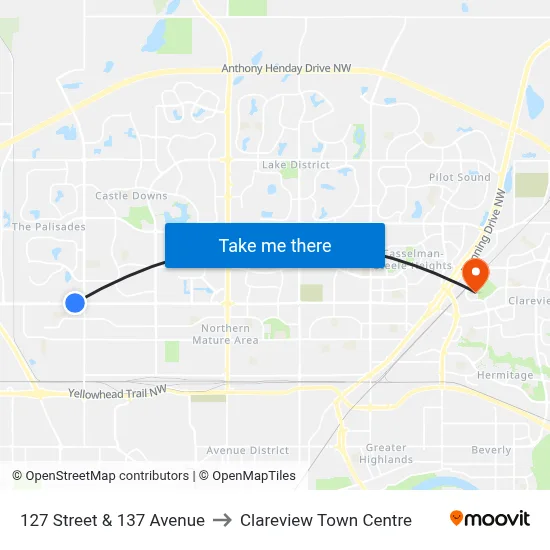 127 Street & 137 Avenue to Clareview Town Centre map