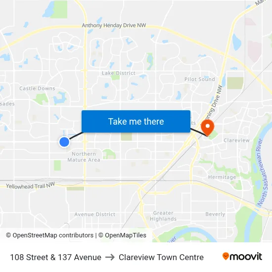 108 Street & 137 Avenue to Clareview Town Centre map