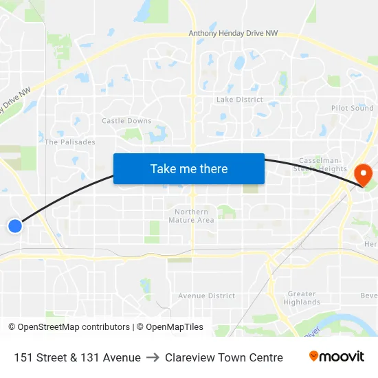 151 Street & 131 Avenue to Clareview Town Centre map