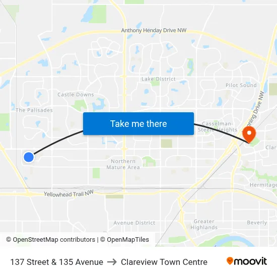 137 Street & 135 Avenue to Clareview Town Centre map