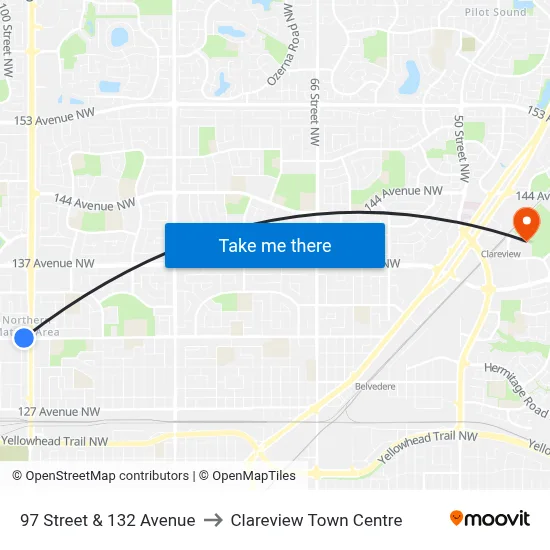 97 Street & 132 Avenue to Clareview Town Centre map