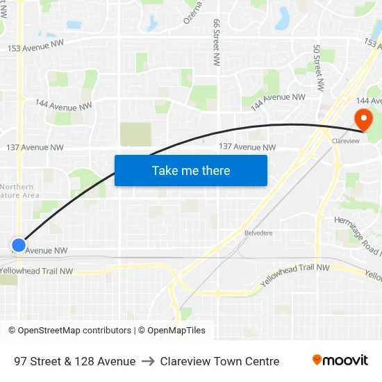 97 Street & 128 Avenue to Clareview Town Centre map