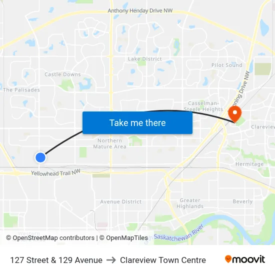 127 Street & 129 Avenue to Clareview Town Centre map