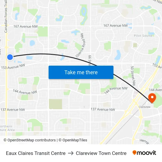 Eaux Claires Transit Centre to Clareview Town Centre map
