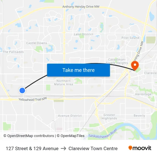 127 Street & 129 Avenue to Clareview Town Centre map