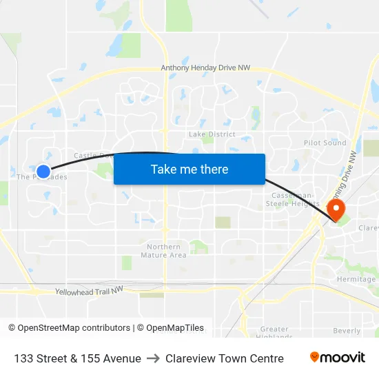 133 Street & 155 Avenue to Clareview Town Centre map
