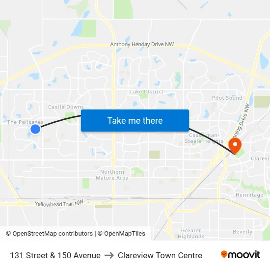 131 Street & 150 Avenue to Clareview Town Centre map