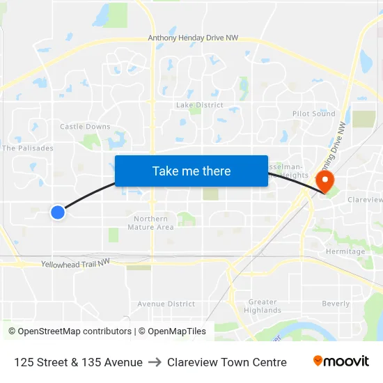 125 Street & 135 Avenue to Clareview Town Centre map