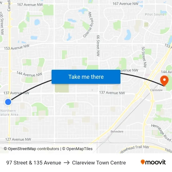 97 Street & 135 Avenue to Clareview Town Centre map