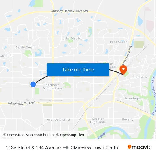 113a Street & 134 Avenue to Clareview Town Centre map