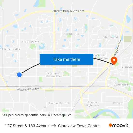 127 Street & 133 Avenue to Clareview Town Centre map