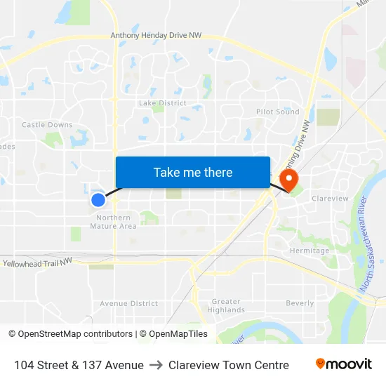 104 Street & 137 Avenue to Clareview Town Centre map