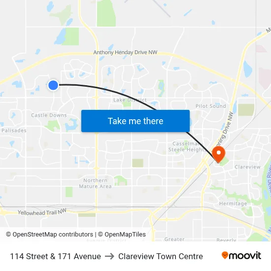 114 Street & 171 Avenue to Clareview Town Centre map