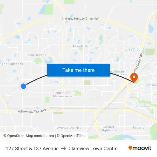 127 Street & 137 Avenue to Clareview Town Centre map