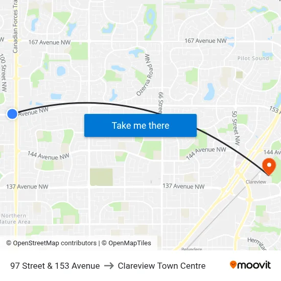 97 Street & 153 Avenue to Clareview Town Centre map