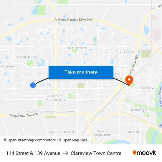 114 Street & 139 Avenue to Clareview Town Centre map