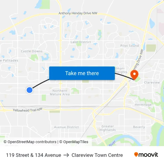 119 Street & 134 Avenue to Clareview Town Centre map