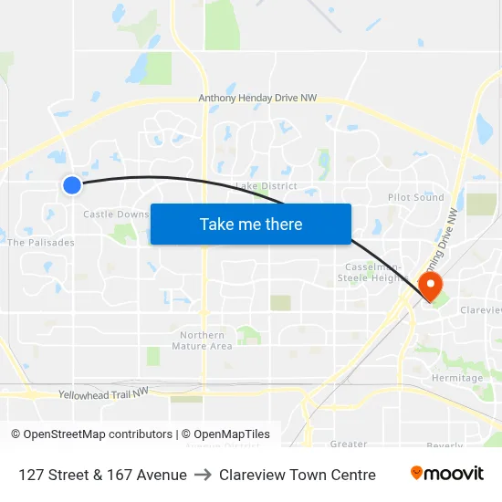 127 Street & 167 Avenue to Clareview Town Centre map