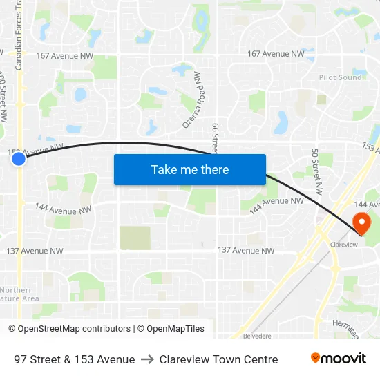 97 Street & 153 Avenue to Clareview Town Centre map