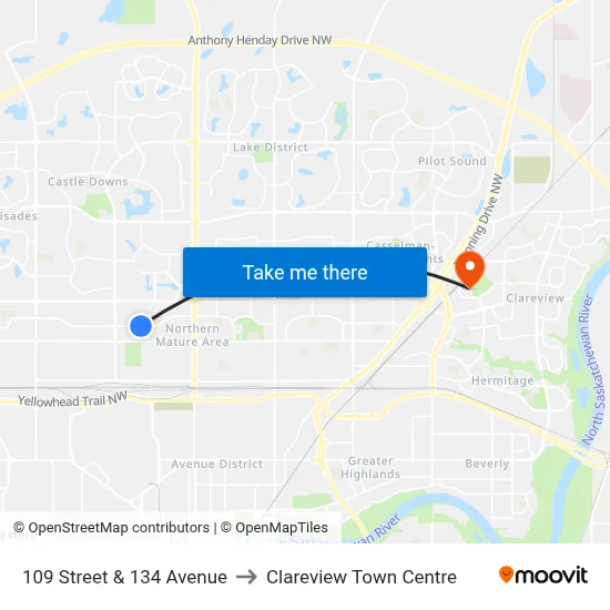 109 Street & 134 Avenue to Clareview Town Centre map