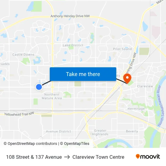 108 Street & 137 Avenue to Clareview Town Centre map