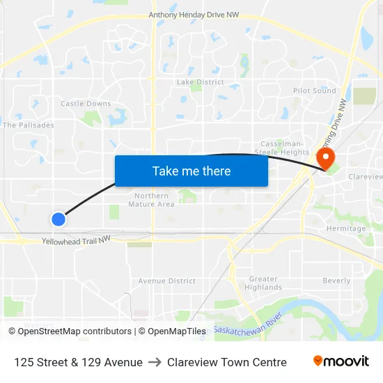 125 Street & 129 Avenue to Clareview Town Centre map