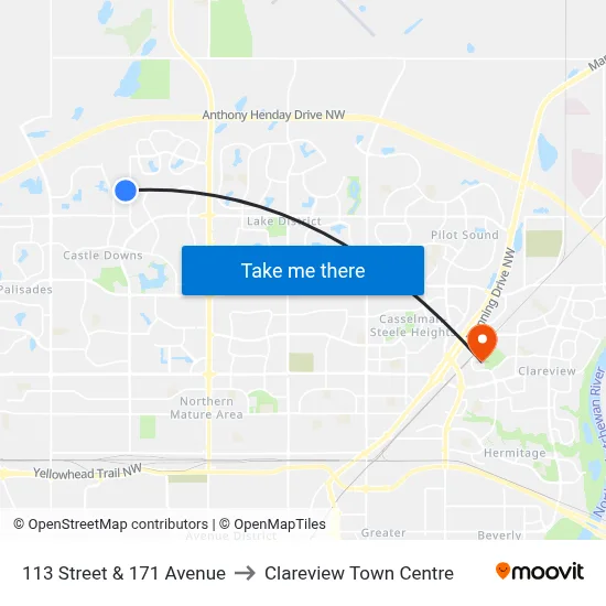 113 Street & 171 Avenue to Clareview Town Centre map
