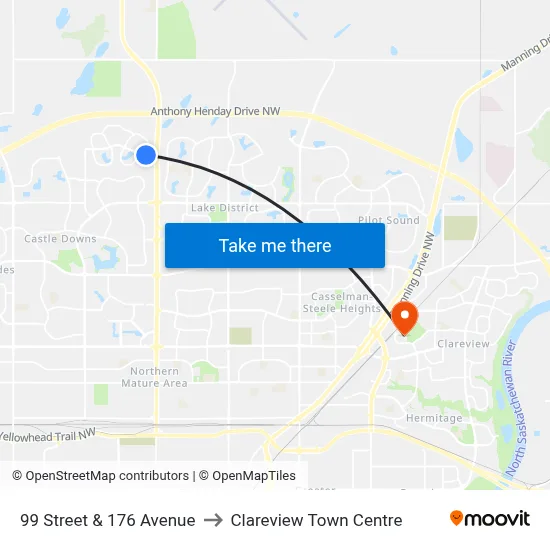 99 Street & 176 Avenue to Clareview Town Centre map