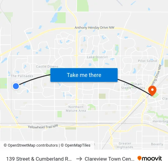 139 Street & Cumberland Road to Clareview Town Centre map