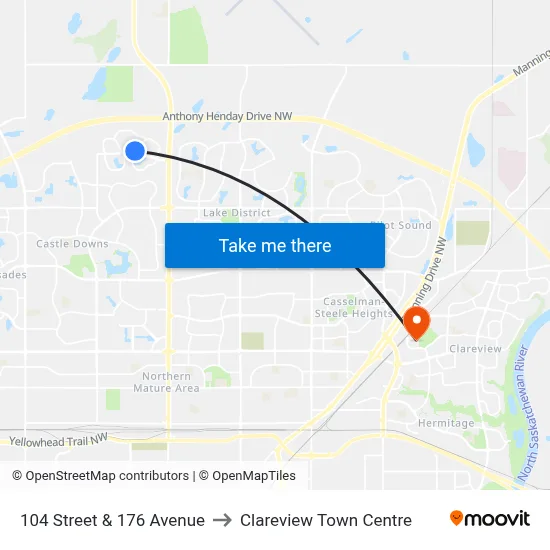 104 Street & 176 Avenue to Clareview Town Centre map