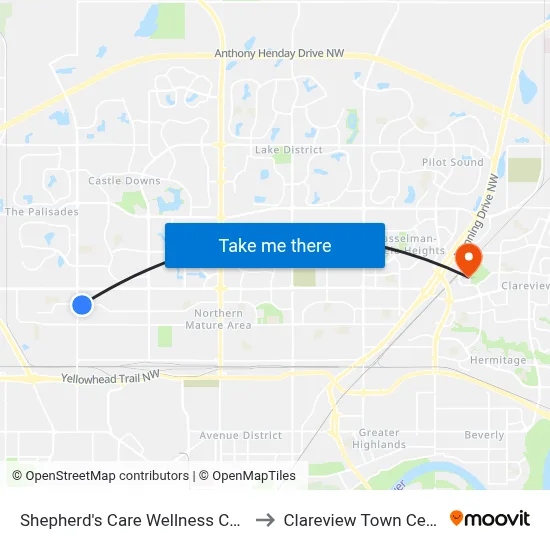 Shepherd's Care Wellness Centre to Clareview Town Centre map