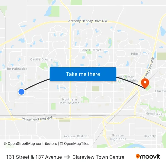 131 Street & 137 Avenue to Clareview Town Centre map