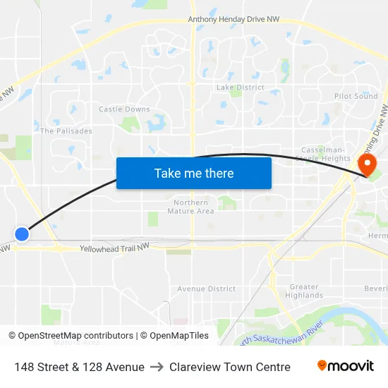 148 Street & 128 Avenue to Clareview Town Centre map