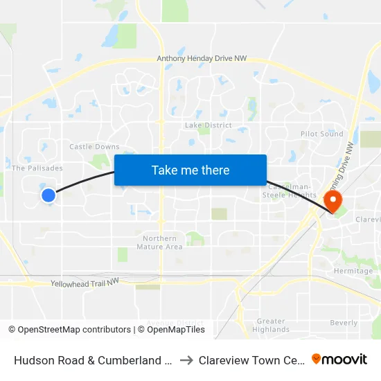Hudson Road & Cumberland Road to Clareview Town Centre map