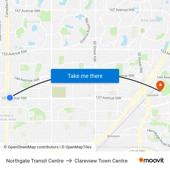 Northgate Transit Centre to Clareview Town Centre map