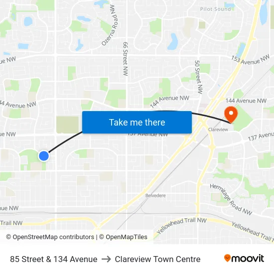 85 Street & 134 Avenue to Clareview Town Centre map