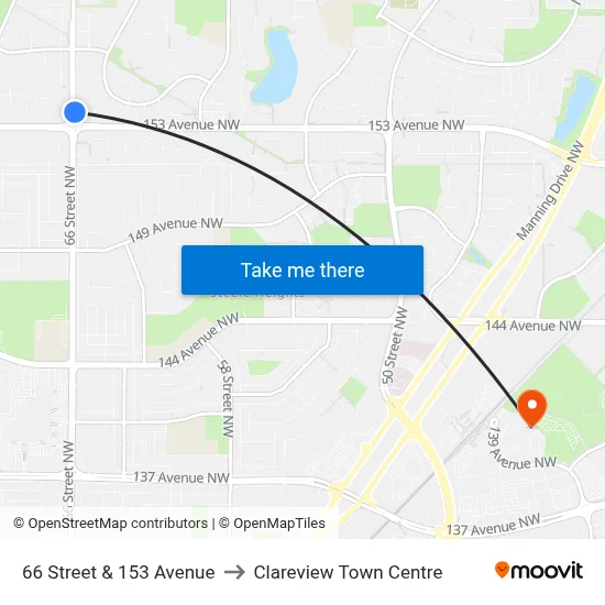 66 Street & 153 Avenue to Clareview Town Centre map