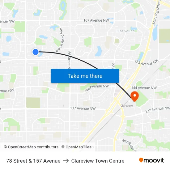 78 Street & 157 Avenue to Clareview Town Centre map