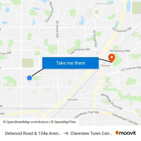 Delwood Road & 134a Avenue to Clareview Town Centre map