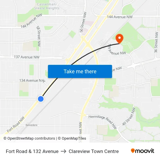 Fort Road & 132 Avenue to Clareview Town Centre map