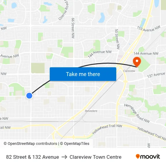 82 Street & 132 Avenue to Clareview Town Centre map