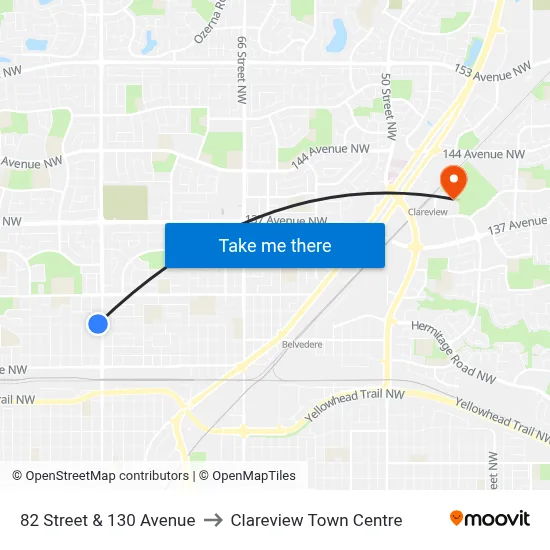 82 Street & 130 Avenue to Clareview Town Centre map