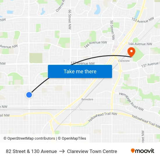 82 Street & 130 Avenue to Clareview Town Centre map