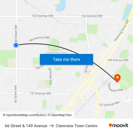 66 Street & 149 Avenue to Clareview Town Centre map