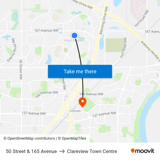 50 Street & 165 Avenue to Clareview Town Centre map