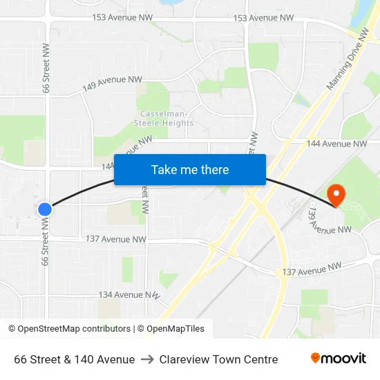 66 Street & 140 Avenue to Clareview Town Centre map
