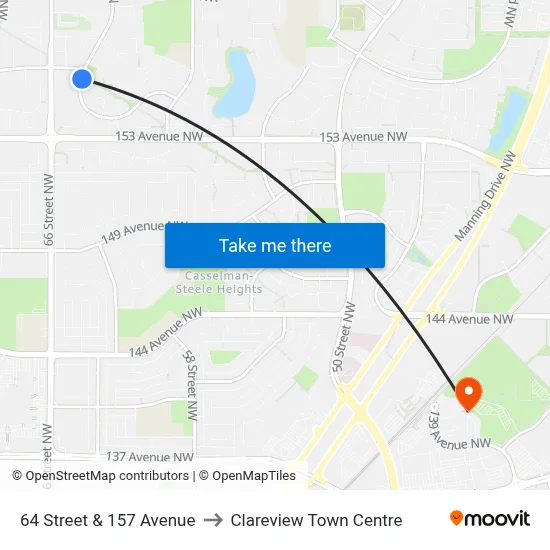 64 Street & 157 Avenue to Clareview Town Centre map