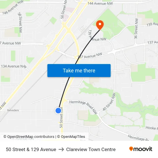 50 Street & 129 Avenue to Clareview Town Centre map